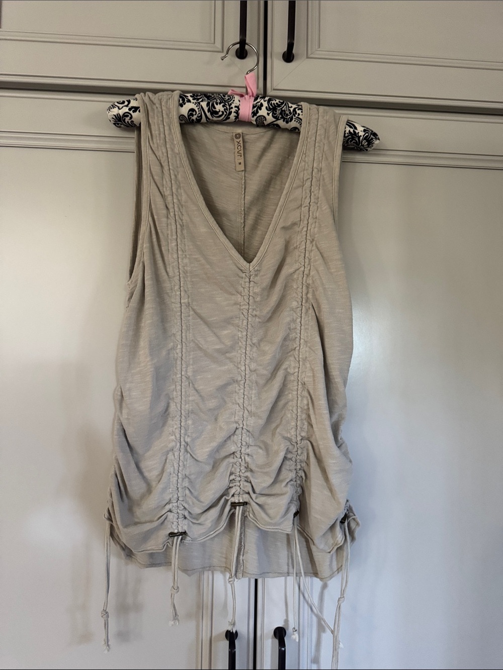XCVI Light Taupe Ruched V-Neck Sleeveless Tank
